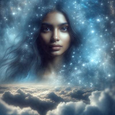 The primary subject of the image is a woman with long hair, who is the main focus of the scene. She is surrounded by a beautiful, blue, star-filled sky, which serves as the backdrop for the image. The visual style of the image is digital art, as it is a well-crafted and detailed illustration of the woman. The colors and mood of the image are serene and peaceful, with the blue sky and stars creating a sense of calmness and tranquility.